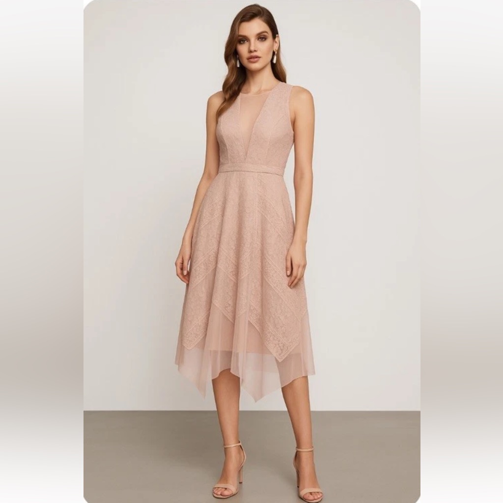 Bcbg Andi Lace Dress Handkerchief Hem Bare Pink 8 Midi Dress